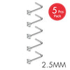 A pack of five stainless steel nostril studs with crystal and gold finish, measuring 2.5mm.
