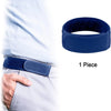 A dark blue elastic waist belt is shown being worn on a person's waistline.