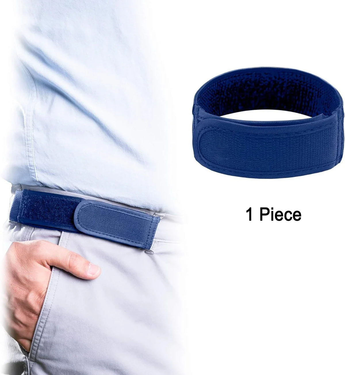 A dark blue elastic waist belt is shown being worn on a person's waistline.
