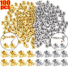 A collection of gold and silver jewelry findings stoppers spacers for connectors in various sizes and shapes.