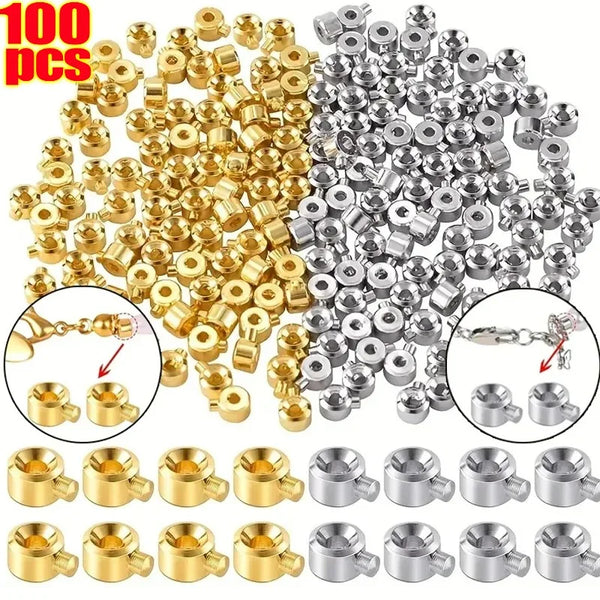 A collection of gold and silver jewelry findings stoppers spacers for connectors in various sizes and shapes.