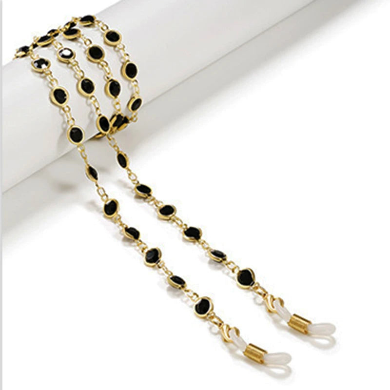 Cadena de cuentas de cristal tono dorado para gafas de mujer con cuentas negras y transparentes