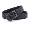 Black faux leather plaid waist belt with a silver buckle shown on a white background.