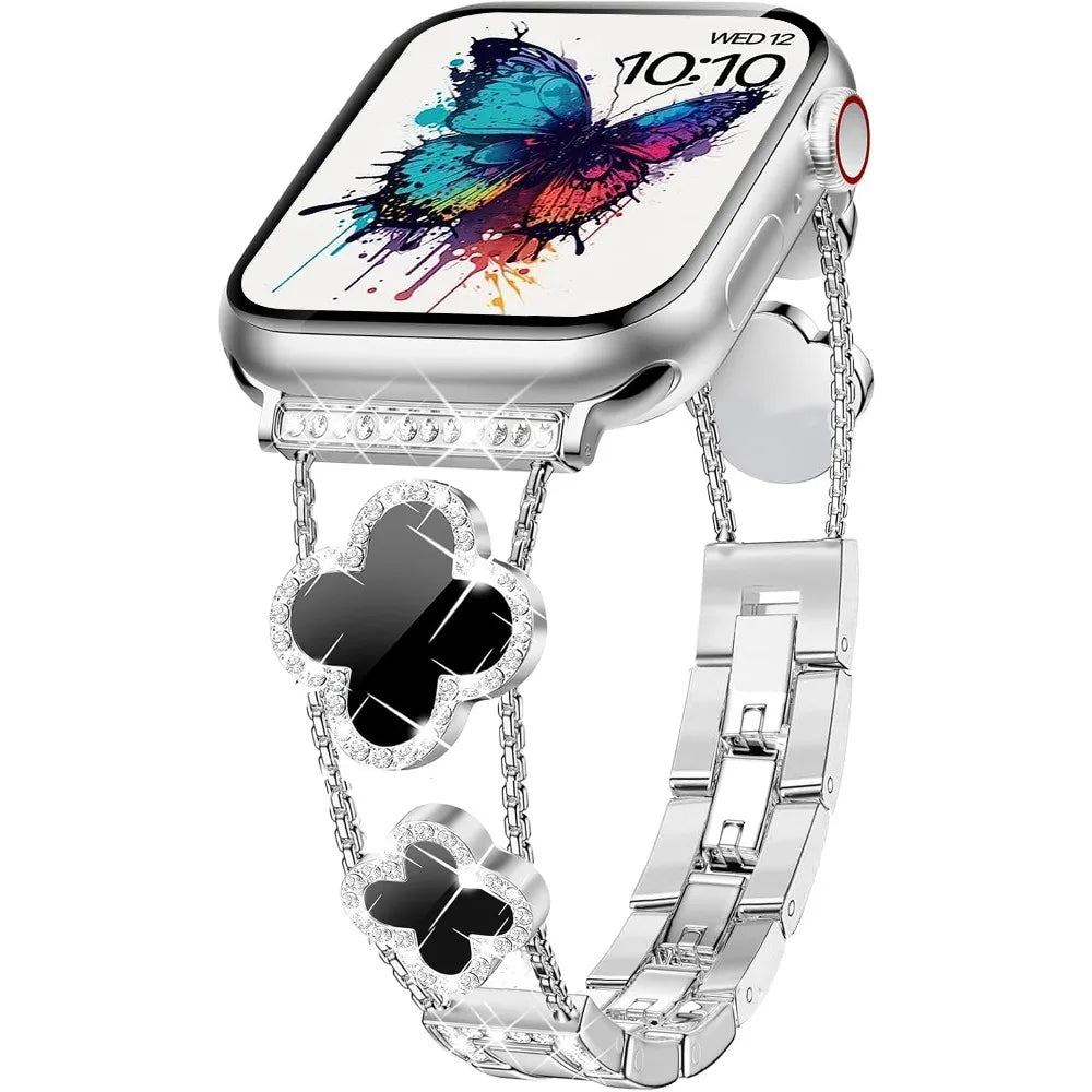 Montre connectée argentée avec affichage papillon coloré et bracelet argent brillant.