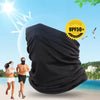 Black breathable mesh scarf worn by a person in an outdoor setting with bright sunlight.