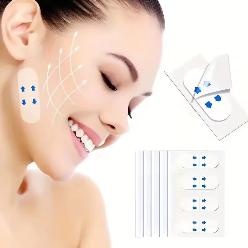 Close-up of a woman applying invisible V-shape face lifting adhesive patches to her face and cheek area.