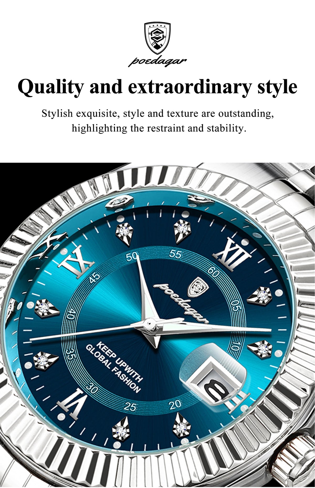 Gros plan d'une montre Poedagar en acier inoxydable avec cadran bleu et aiguilles argentées, chiffres romains et date