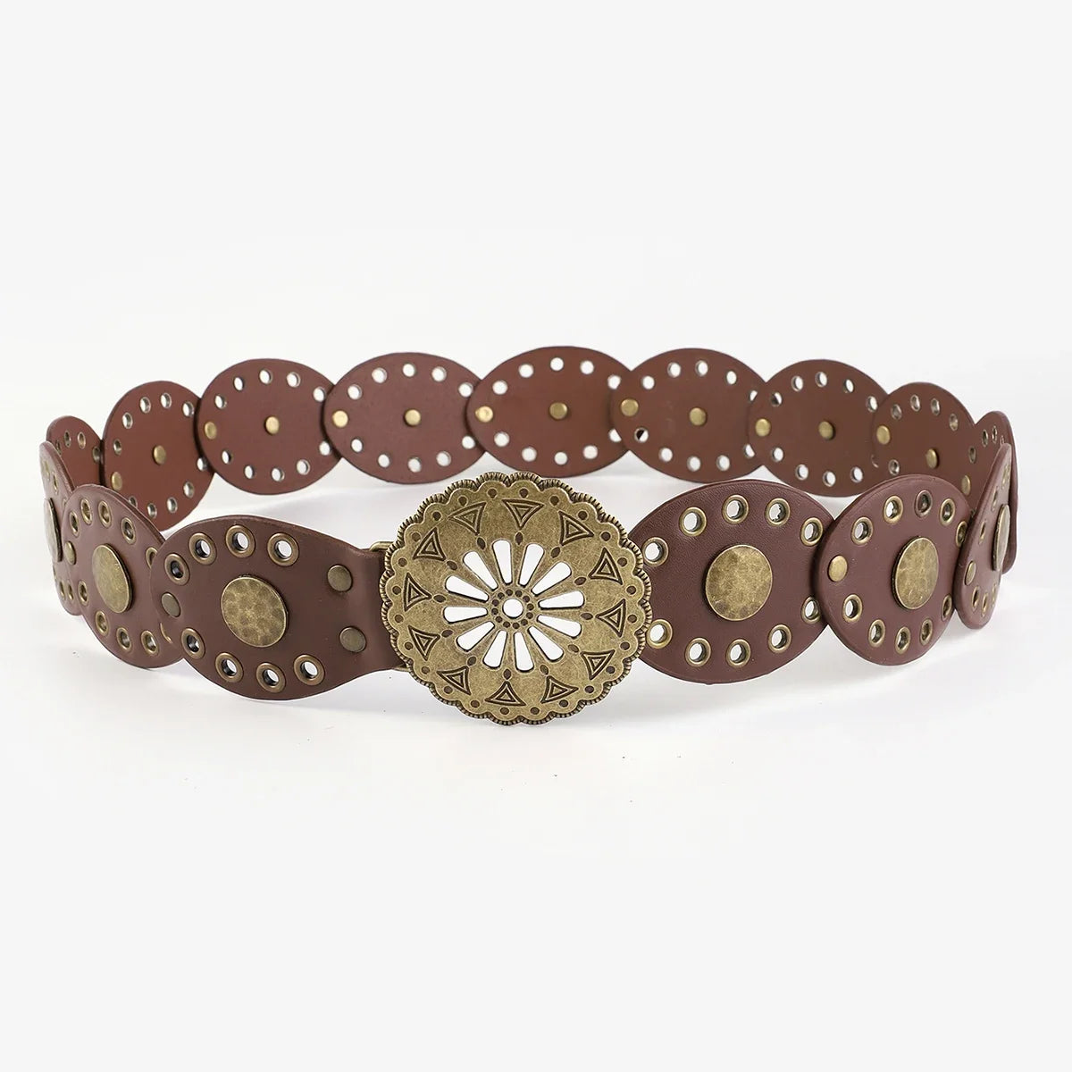 A round retro western cowboy belt made of brown leather with decorative metal studs and a central flower design.
