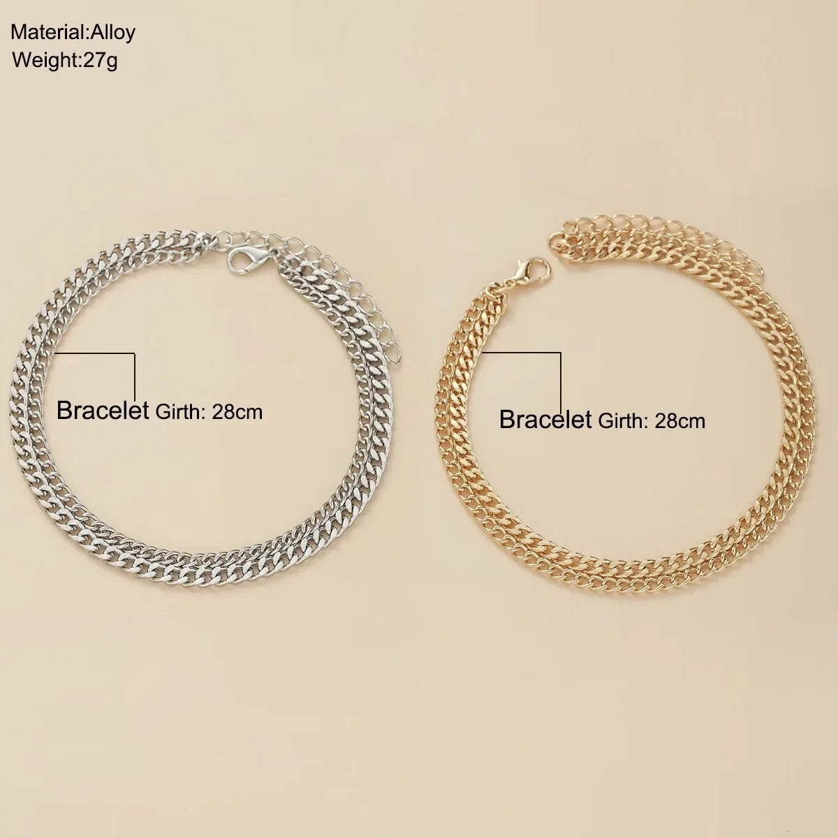 A pair of gold-plated minimalist Cuban link bracelets shown against a light background.