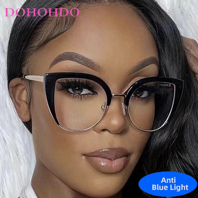 A close-up photo of a woman wearing black vintage metal cat eye anti-blue light eyeglasses.