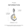 Sterling silver star moon charm pendant shown with dimensions and information.
