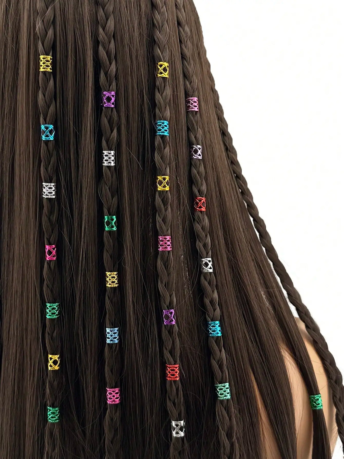 Close-up of dark brown hair braided with multicolor dreadlock rings.