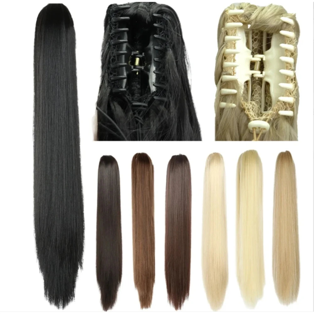 A collection of 24-inch straight hair extensions in various shades of black, brown, and blonde.