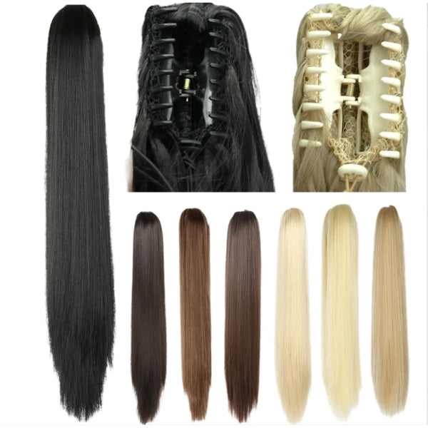 Eine Sammlung von 24-Zoll-Glättungs-Haarverlängerungen in verschiedenen Schattierungen von Schwarz, Braun und Blond.