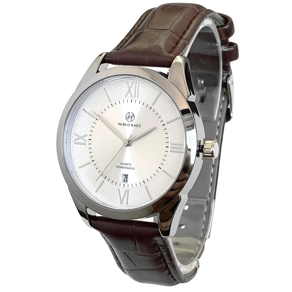 Montre-bracelet quartz homme en cuir argent et marron avec cadran blanc et chiffres romains.