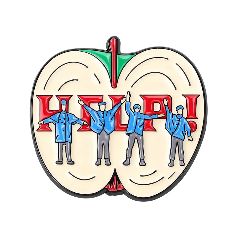 Broche émail rétro d'un groupe présentant une pomme stylisée avec cinq figures levant les mains.