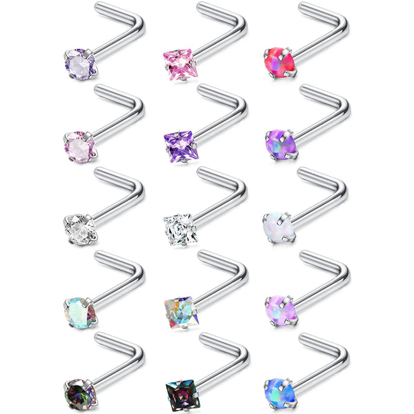 A collection of surgical stainless steel nose piercing studs in various gemstone and metal finishes.