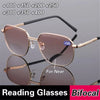 A pair of brown-tinted bifocal reading glasses displayed with various lens additions and a For Near marker.