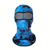 Blue and black camouflage balaclava cap with a clear visor