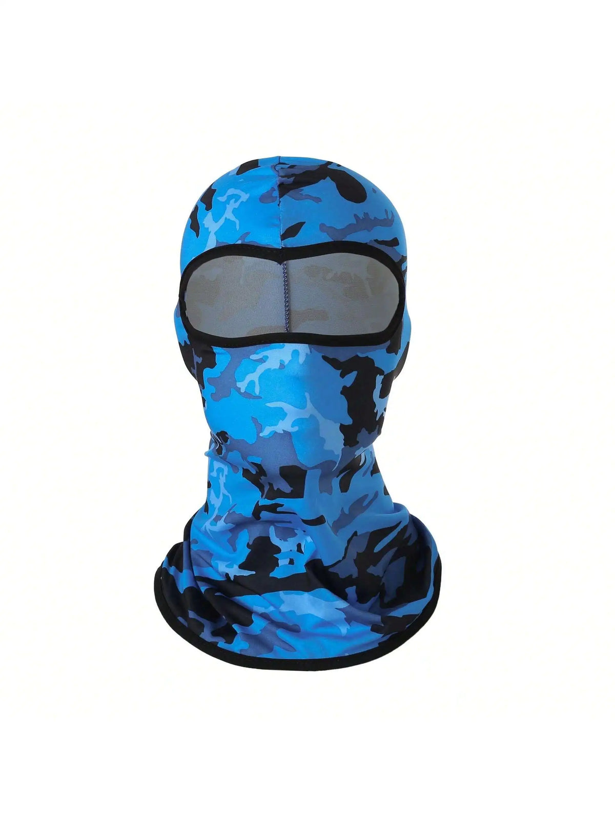 Blue and black camouflage balaclava cap with a clear visor