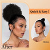 Before and after photos showing a quick and easy hairstyle transformation for an afro puff drawstring ponytail