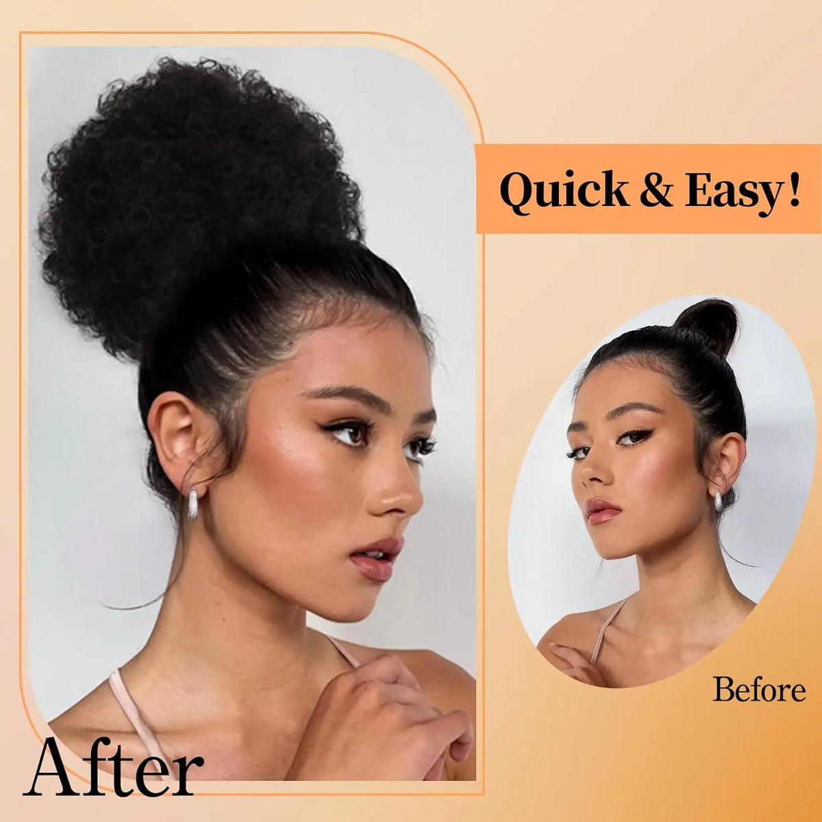 Before and after photos showing a quick and easy hairstyle transformation for an afro puff drawstring ponytail