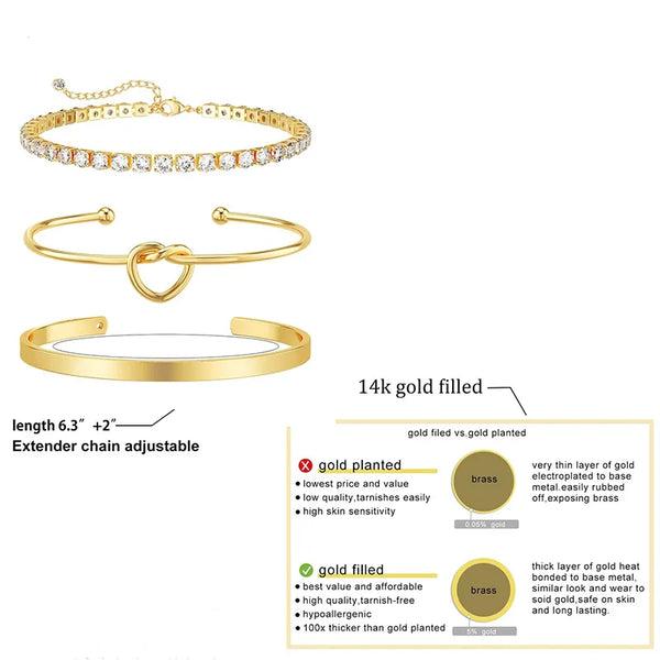 Drei goldfarbene Edelstahlarmreifen für Damen, inklusive einer Kettchen und eines Armbands.