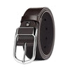 A dark brown men's coboy style PU leather belt with a silver buckle shown from the side.