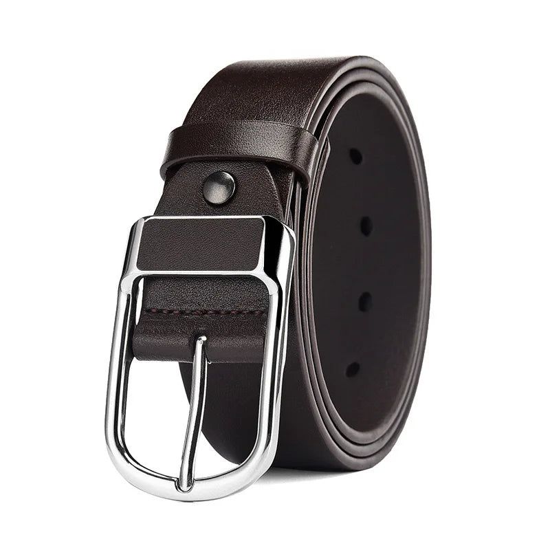 A dark brown men's coboy style PU leather belt with a silver buckle shown from the side.