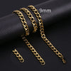 Gold-toned Cuban link chain necklaces displayed on a dark background with a 9mm measurement reference.