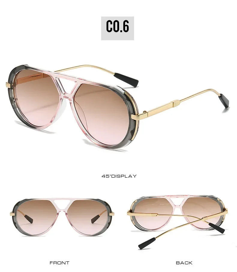 Pinker Farbverlauf retro Oversize Sonnenbrille, von vorne und hinten gezeigt