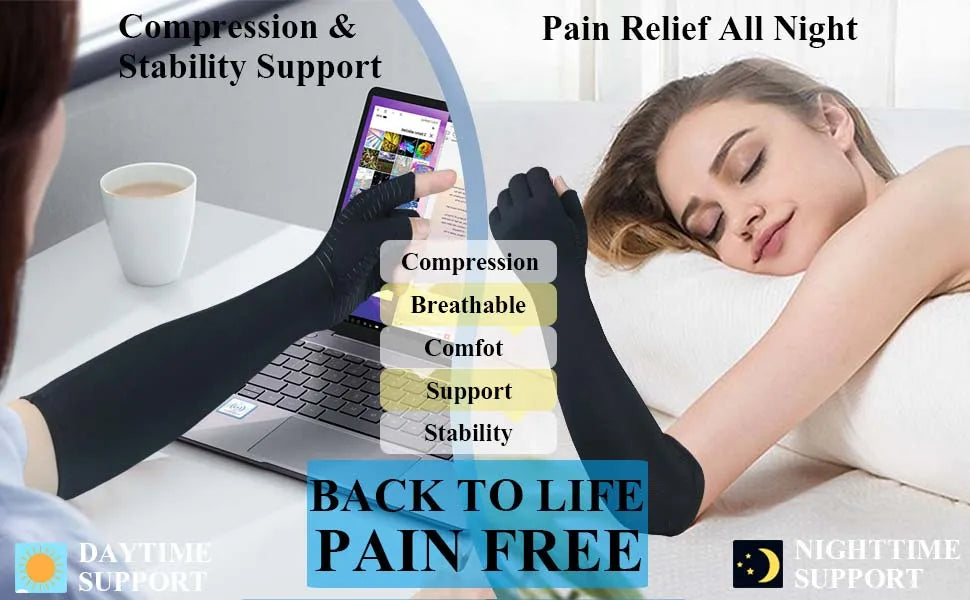 A woman is shown wearing black compression gloves while resting, with text promoting pain relief and stability support.