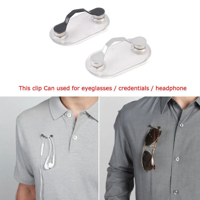 A clear magnetic clip designed to hold eyeglasses, credentials, or headphones attached to a shirt