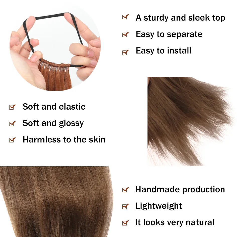A close-up of a brown hair extension wig being held, showing its texture and features.