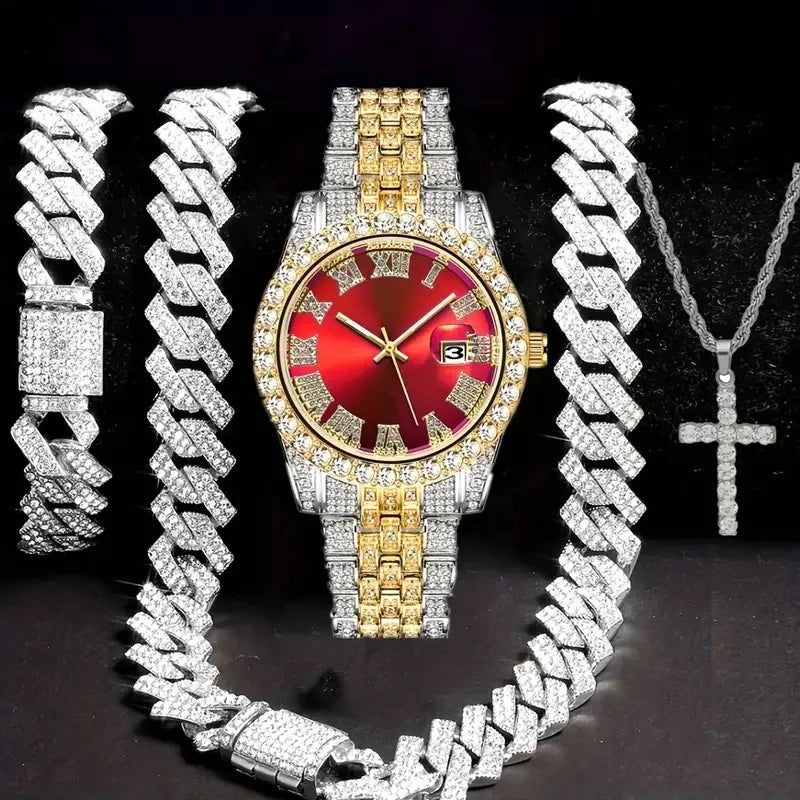 A silver diamond watch set featuring a red face and gold accents, displayed with a matching chain necklace.