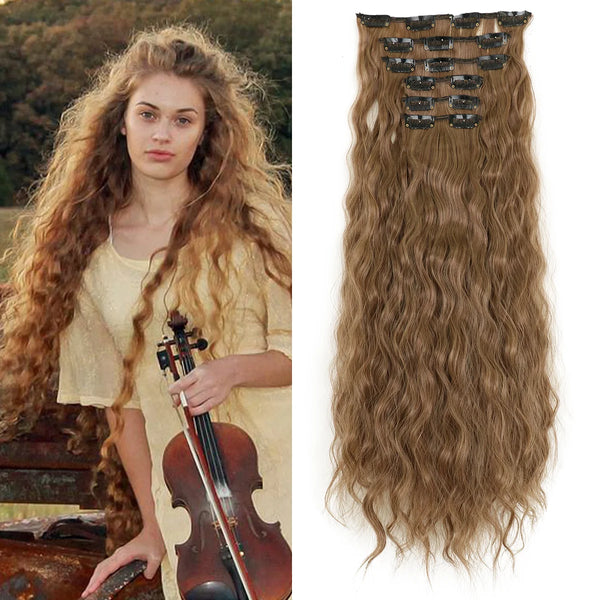 Long, wavy brown synthetic hair extensions with 16 clips, measuring 22 inches.