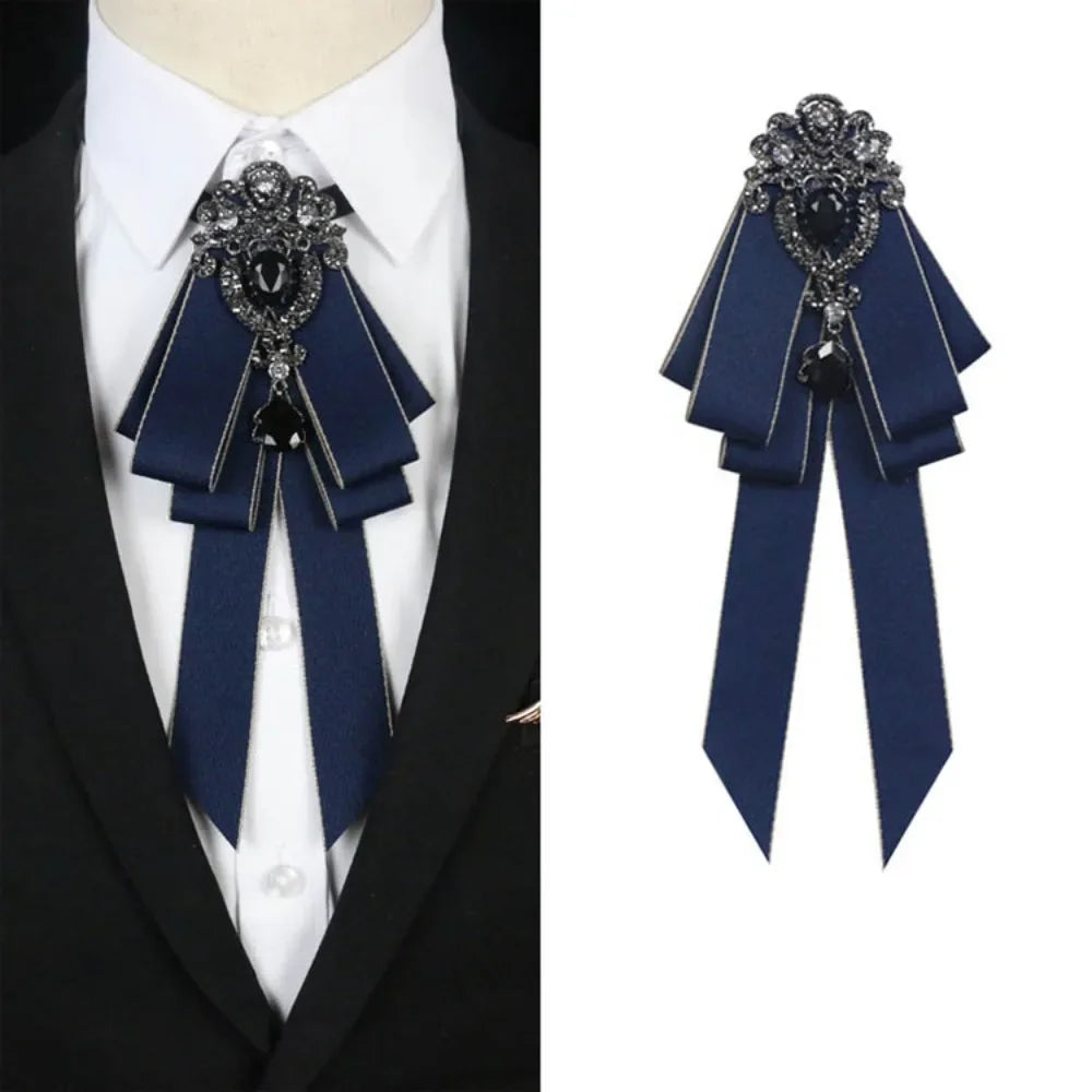 Navy blue luxury rhinestone bow tie neck tie with black accents