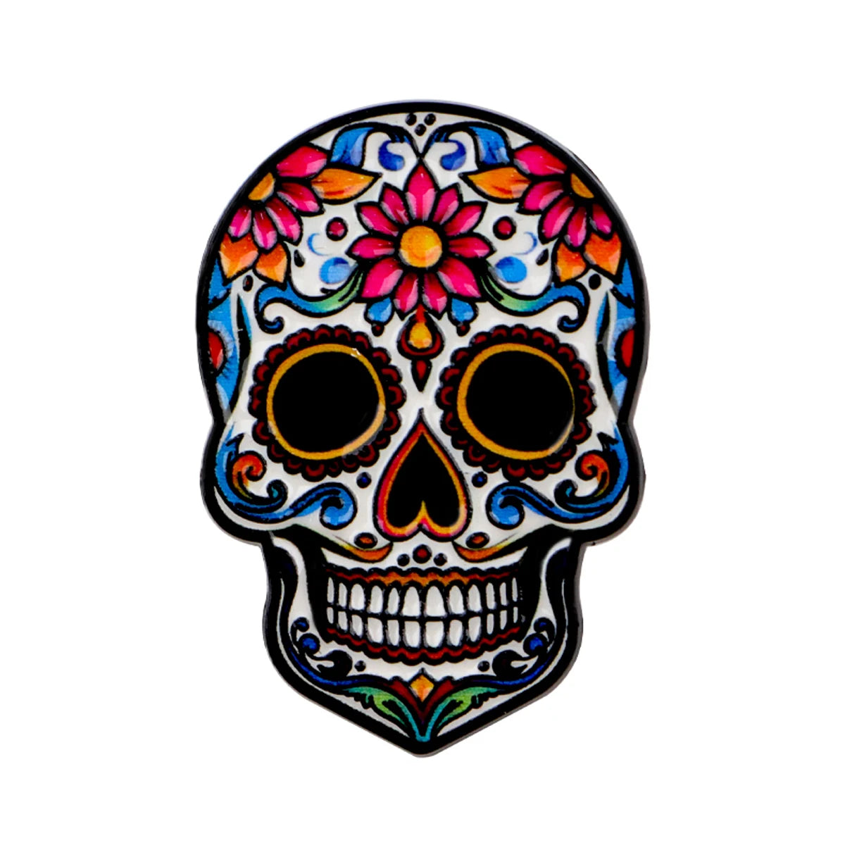 Colorful Mexican skull enamel pin brooch featuring vibrant floral designs and intricate details.