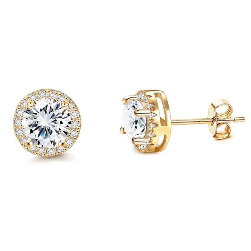 A pair of simulated diamond stud earrings set in 18K gold plated metal.