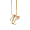 A gold-toned alphabet flower pendant necklace with a delicate chain and pink gemstone detail.