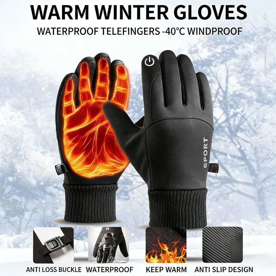 A pair of black waterproof telefingers gloves shown next to features like an anti-loss buckle and anti-slip design.