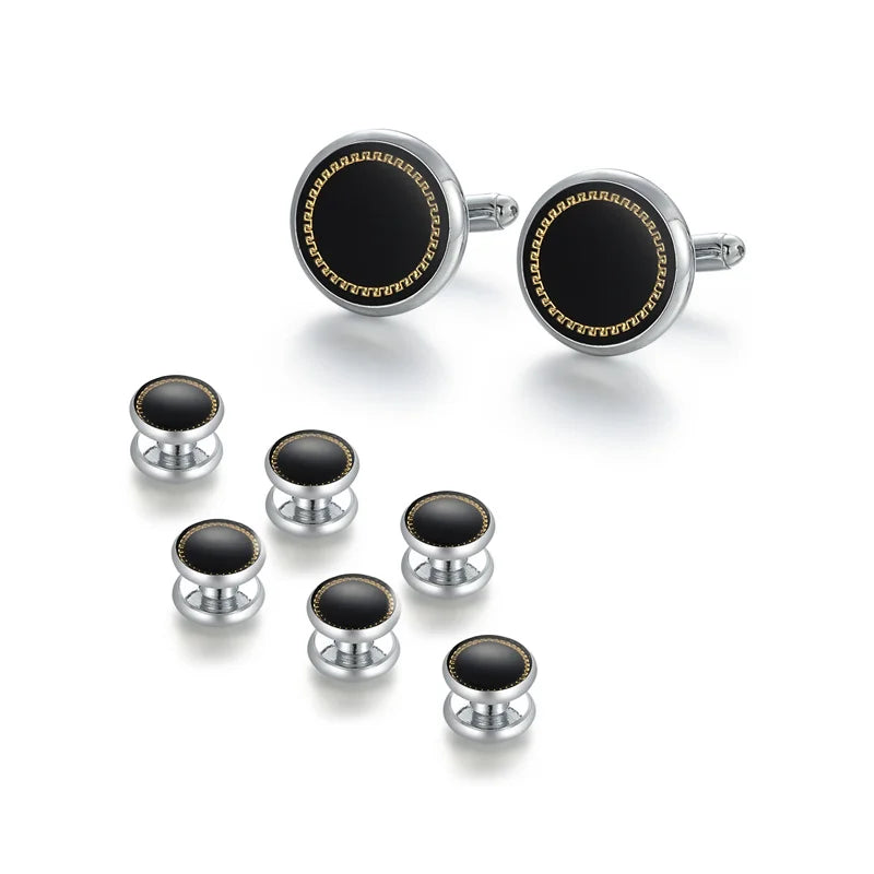 Un set d'”（boutons de manchette et serre-cravate élégants pour hommes avec des accents noir et argent.