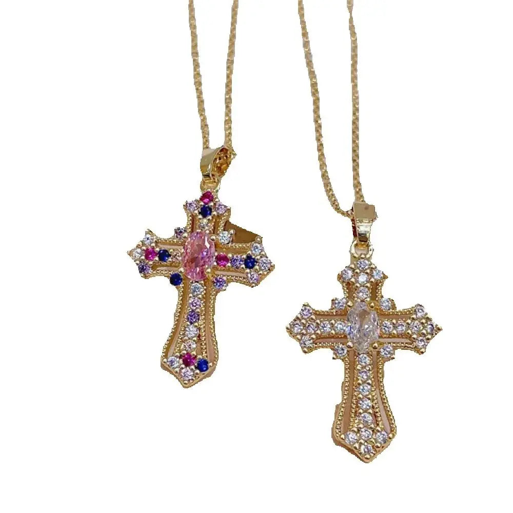 Gold vintage cross pendant necklace with pink and blue gemstones