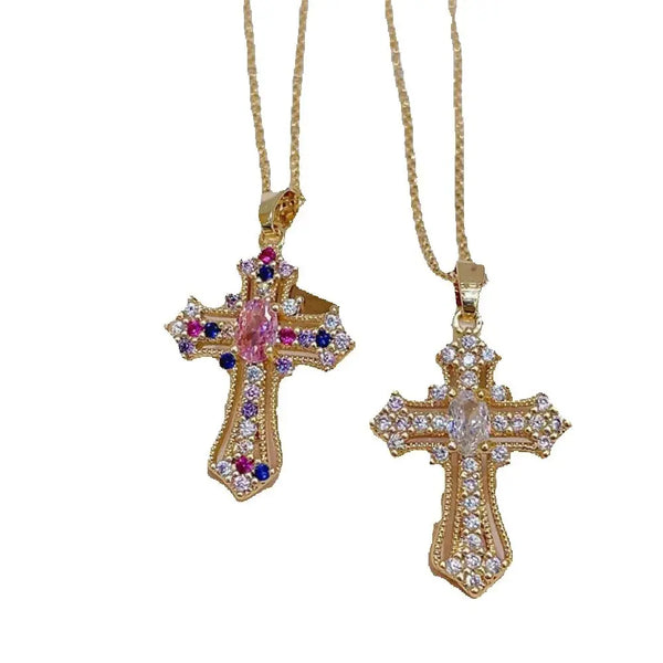 Gold vintage cross pendant necklace with pink and blue gemstones