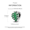 A sterling silver leaf-shaped moon charm is shown with dimensions of 0.44 inches by 0.35 inches.