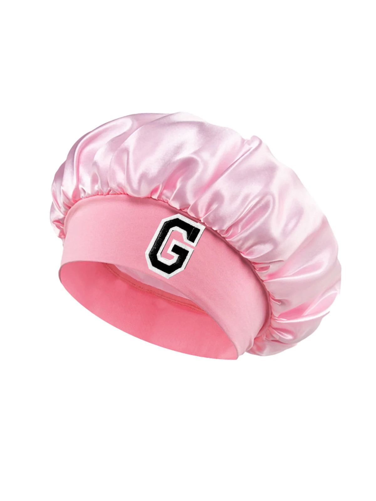 Pink satin hair cap with a black letter G print on the side