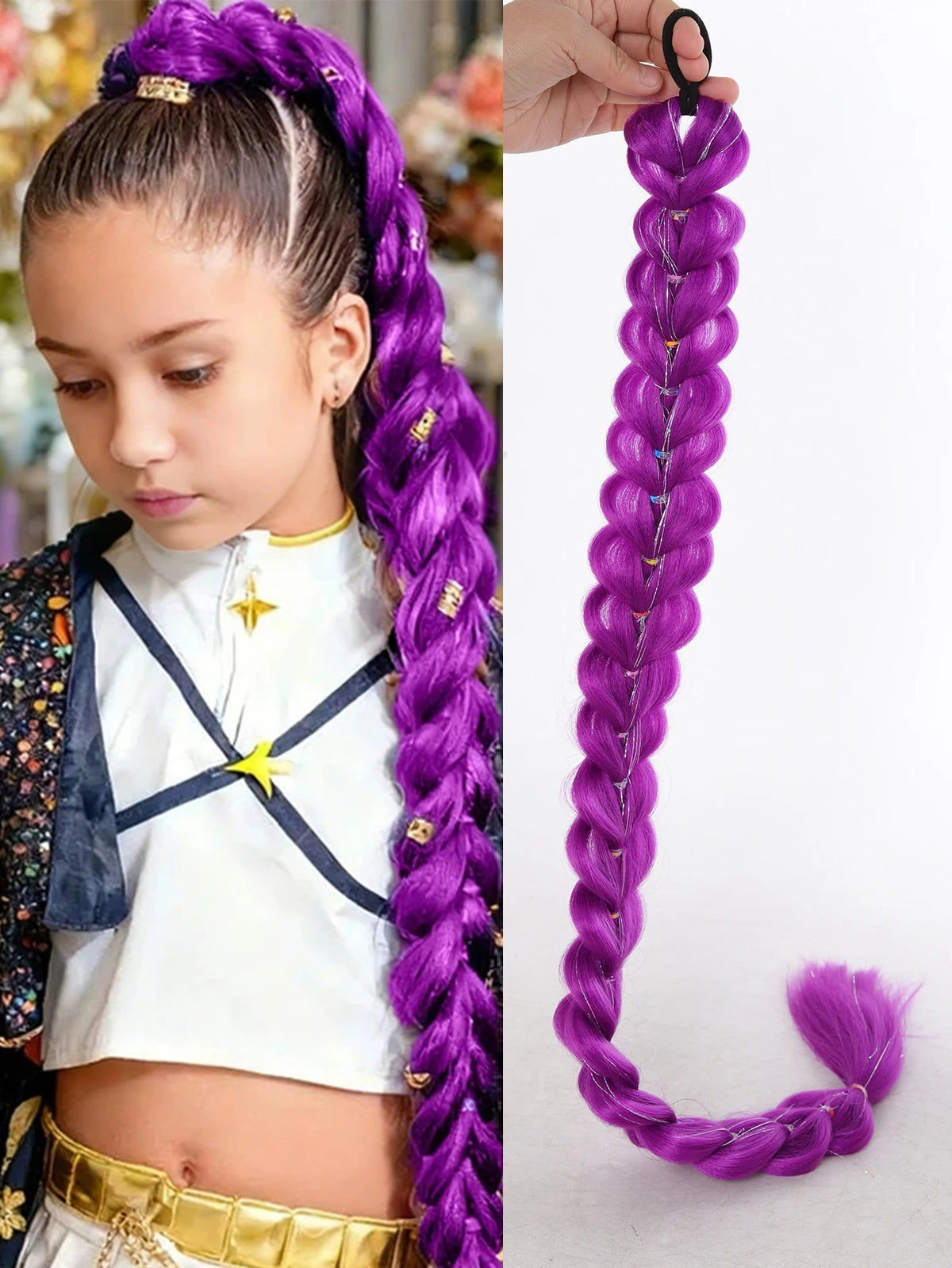 A close-up of a woman wearing a white top and gold pants, with a long purple braided hair extension hanging down.