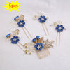 Five sets of blue floral pearl bridal hair accessories with gold accents displayed on a white background.