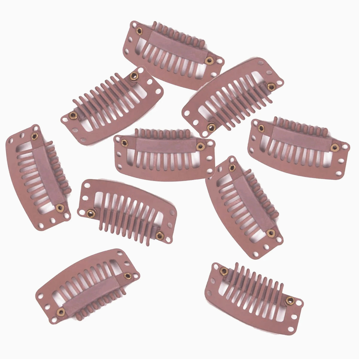 A collection of brown hair extension snap clips used for wigs, shown from various angles.