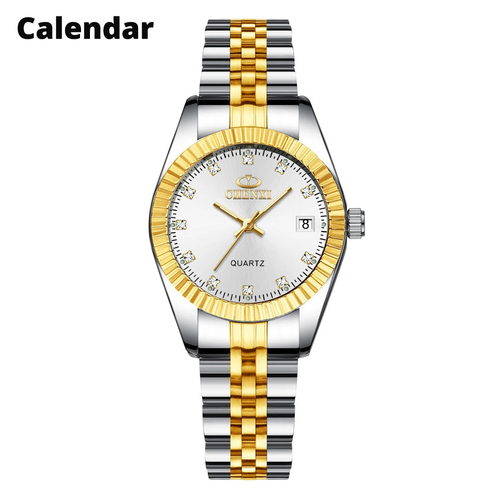 A luxury golden quartz wristwatch with a silver bracelet and watch face on a white background.